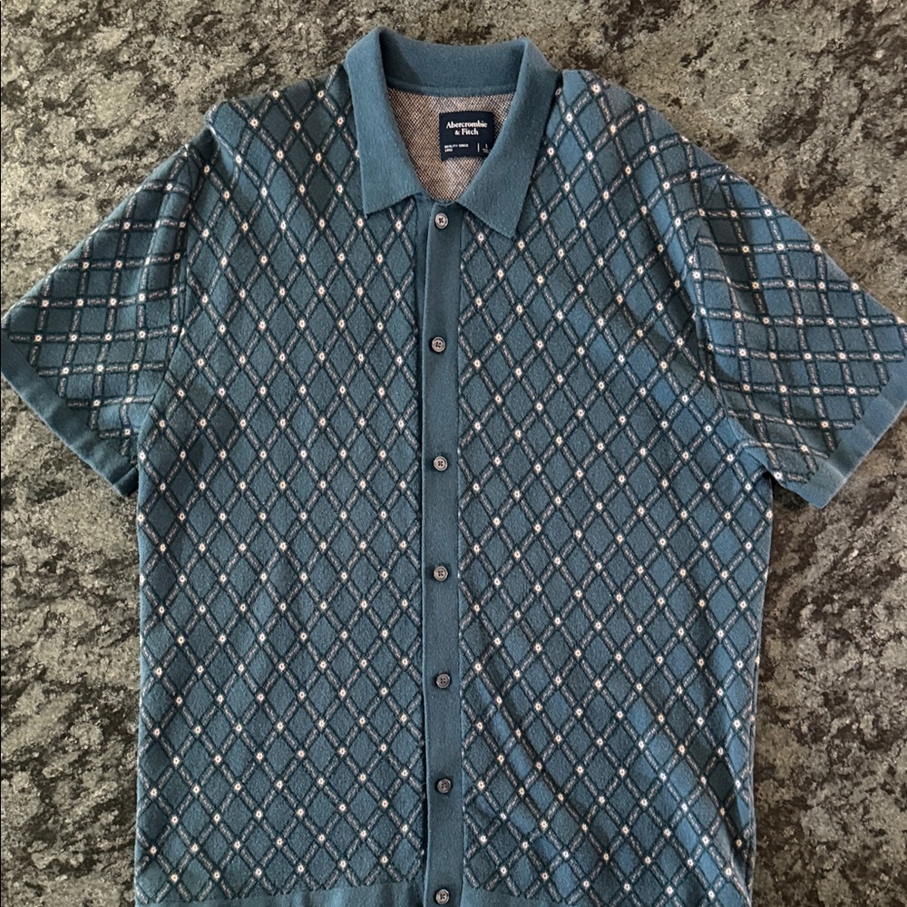 Abercrombie & Fitch Blue Argyle Button Down Mens Polo Shirt, size L